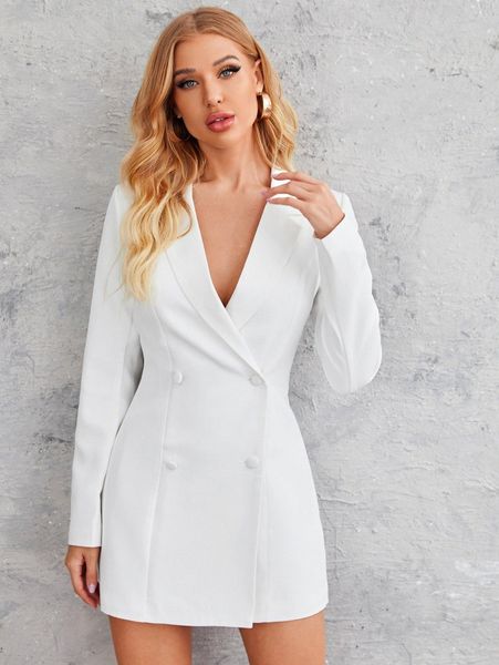 

lapel neck double-breasted blazer dress p2kn#, White