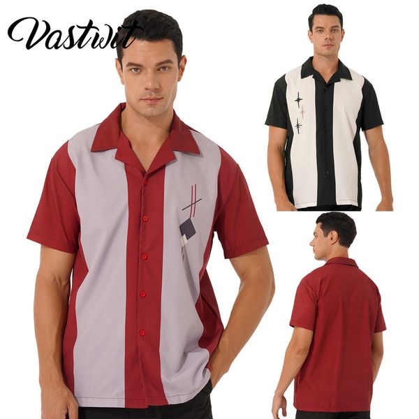 

mens retro short sleeve camp shirt button down loose cuban style bowling 220606, White;black