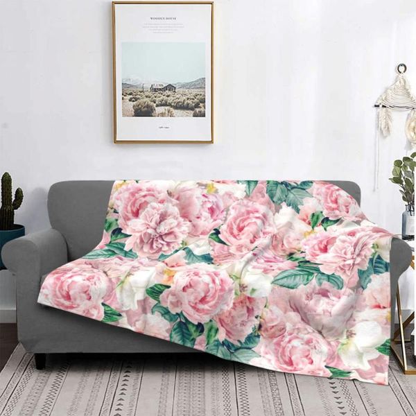 Decken Boho Vintage Blush Echte Pfingstrosen Decke Samt bedruckte Blumen Multifunktions-Warmwurf für Bettwäsche Schlafzimmer Teppich Stück Decken