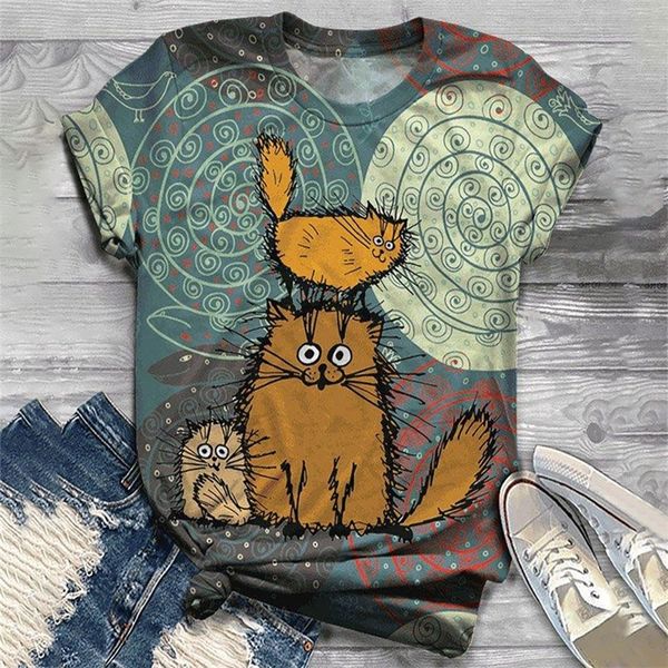 

t shirt plus size women short sleeve 3d cartoon cat printed oneck 220711, White