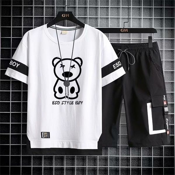 

korean fashion men s sets summer tracksuit print bear t shirts sport shorts suit casual clothing s joggers 220706, Gray
