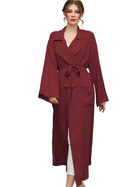 

lapel neck drop shoulder patched pocket slit hem belted coat q086#, Black