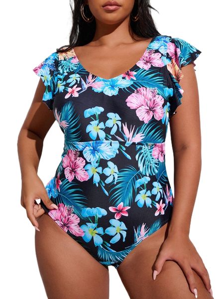 

plus tropical print ruffle trim one piece swimsuit s5fc#, White;black