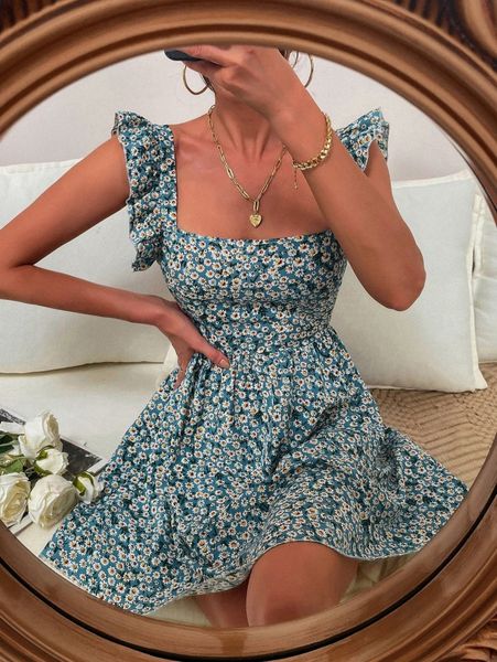 

daisy floral tie back ruffle detail dress p00a#, Black;gray