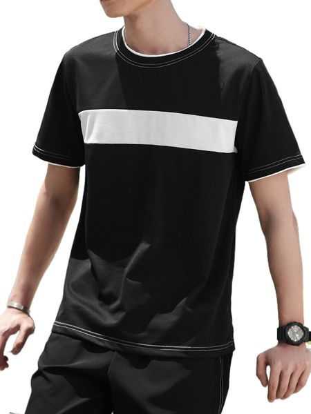

men contrast panel stitching 2 in 1 tee 68vi#, White;black