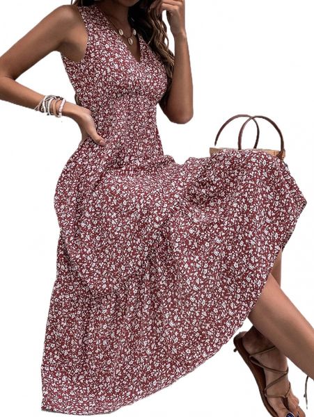 

ditsy floral print ruffle hem dress 82h4#, Black;gray