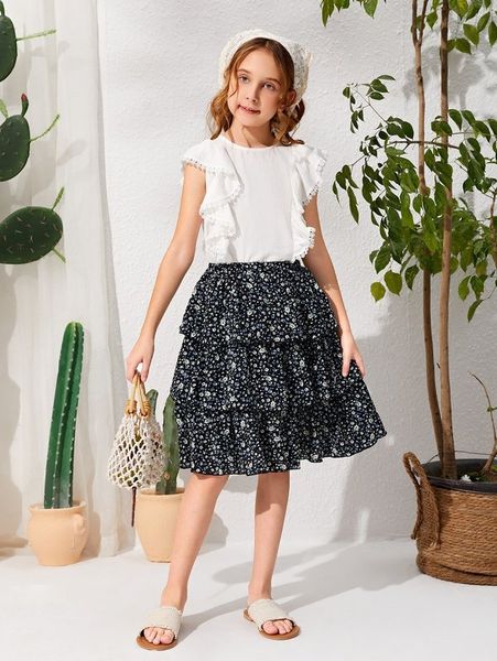 

girls keyhole back ruffle trim & ditsy floral layered skirt she, White