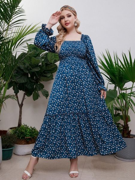 

plus ditsy floral shirred square neck flounce sleeve ruffle hem dress v2df#, Black