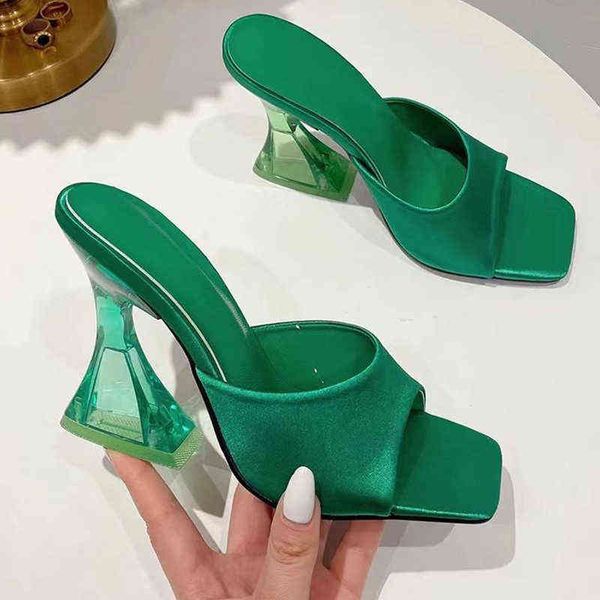 

slippers transparent crystal high heels satin women slippers summer fashion square toe slides sandals female party elegant designer shoes 22, Black