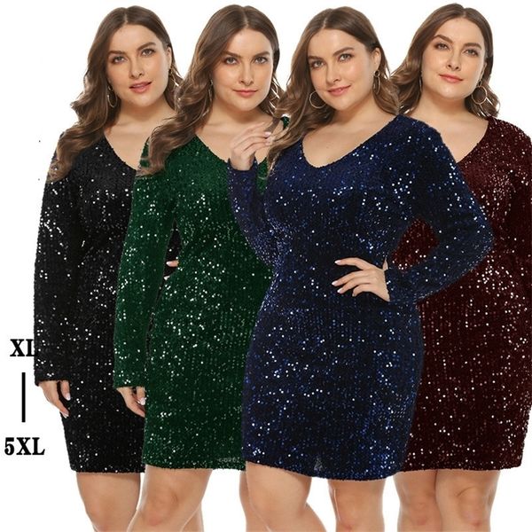 Glitter Dress Plus Size Donna maniche lunghe con scollo a V Abito con paillettes Blu Nero Verde Big Size Club Clubwear Abiti oversize 4xl 5xl 201008