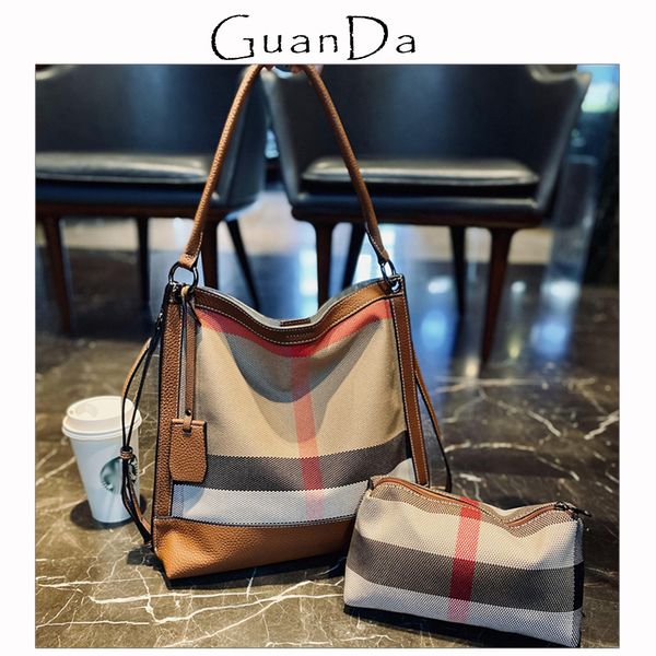 

luxury womens bag 2022 plaid canvas genuine leather female armpit shoulder bag fashion stripes composite tote handbag set