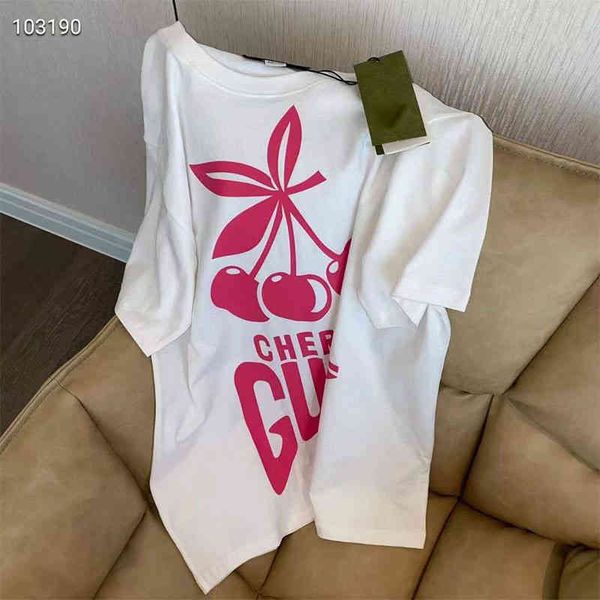 

2022 spring and summer new short sleeve female cherry loose t-shirt tide fashion printed round neck, White