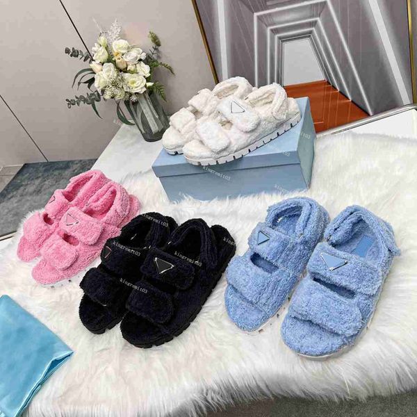 

designer women sandals furry ladies luxury flat platform winter wool sandals, Black