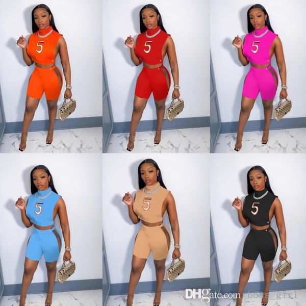 

designer clothing 2022 summer womens tracksuits digital embroidered high neck vest and shorts two piece set hollow out nightclub outfits, Gray