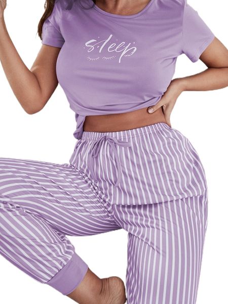 

eyelash & letter graphic tee & striped pants pj set k8q3#, Black;red