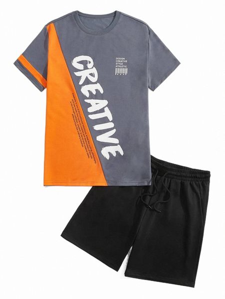 

men slogan graphic two tone tee & drawstring waist shorts r0kz#, Gray