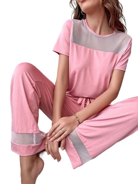

mesh panel tee & tie waist pants pj set m9yy#, Black;red