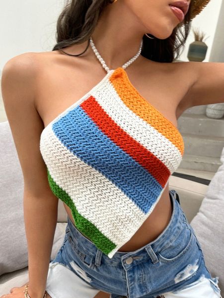 

colorblock tie backless hanky hem halter knit 1889#, White;black