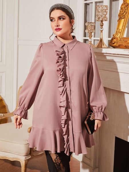 

plus flounce sleeve ruffle trim blouse z1wg#, Black