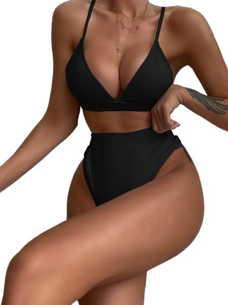 

plain triangle high waisted bikini swimsuit i4hk#, White;black