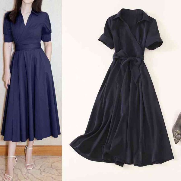 

casual dresses shenzhen nanyou women's clothing summer style lapel lace up waist swing dress short sleeved mid length skirt, Black;gray