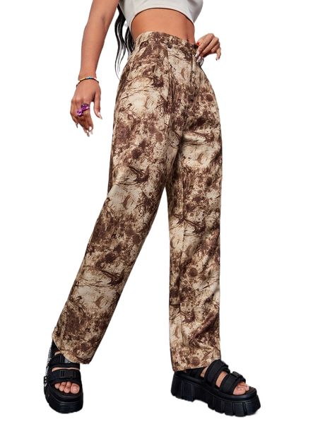 

allover print straight leg pants u1c3#, Black;white