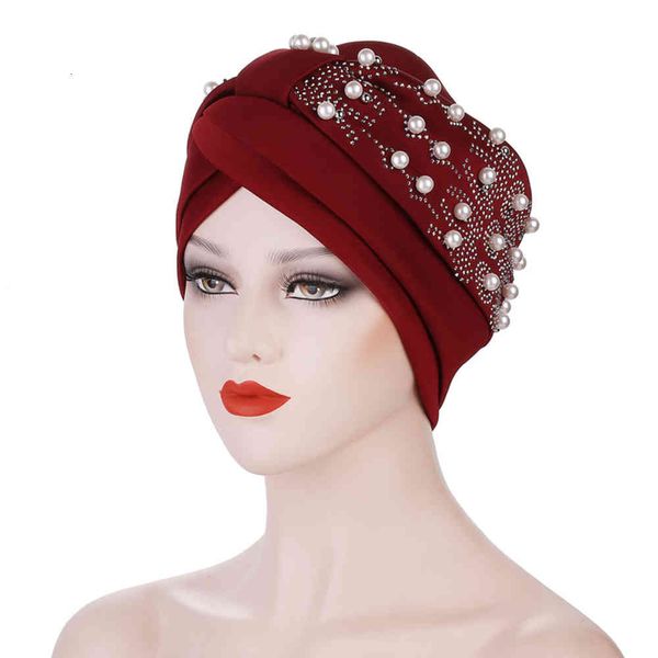 

2021 space cotton scarf hat women's drill nail pearl wrap hat turbans, Blue;gray