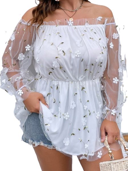 

plus floral embroidery appliques ruffle hem mesh blouse m5rf#, Black