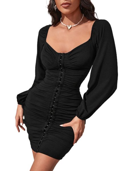 

sweetheart neck hook and eye ruched bodycon dress w2qi#, Black;gray