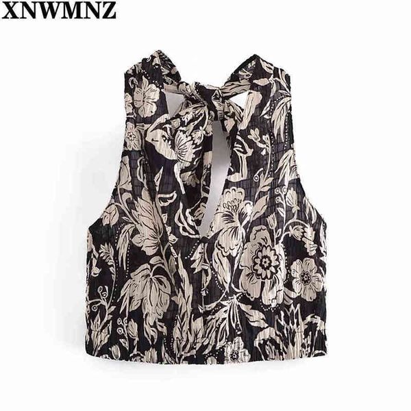 

xnwmnz women blouse knotted black print crop female vintage wide straps elastic hem sleeveless woman summer blouses 210513, White