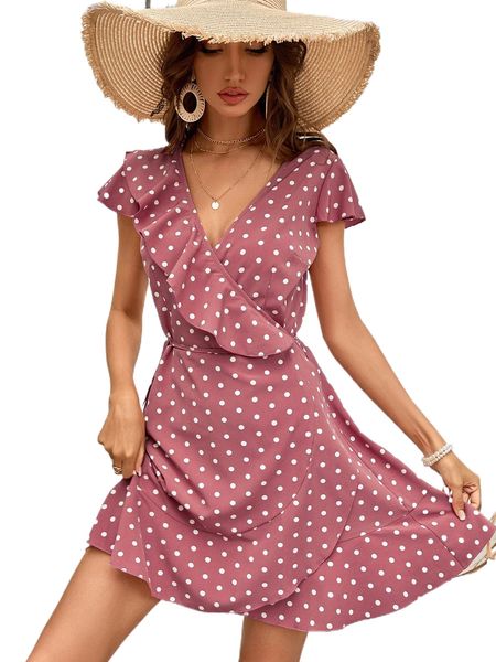 

polka dot ruffle trim flutter sleeve tie side wrap dress n0rp#, Black;gray