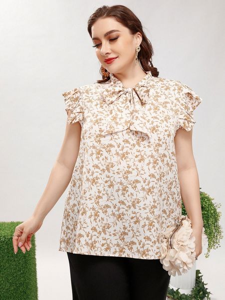 

plus ditsy floral print tie neck blouse w1vz#, Black