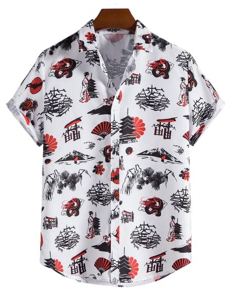 

men figure & bird print shirt v0c7#, White;black