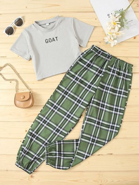 

girls letter graphic tee & plaid print pants she, White