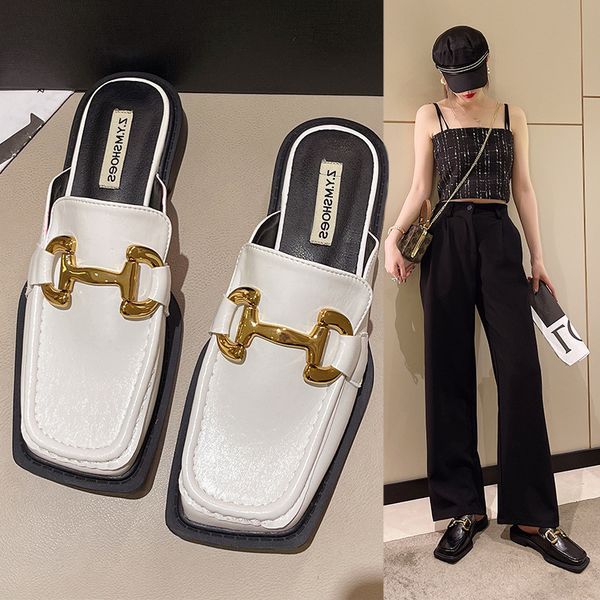 

in the summer of 2022 metal buttons yunuo versatile baotou square head women's slippers a must for lazy people, Black