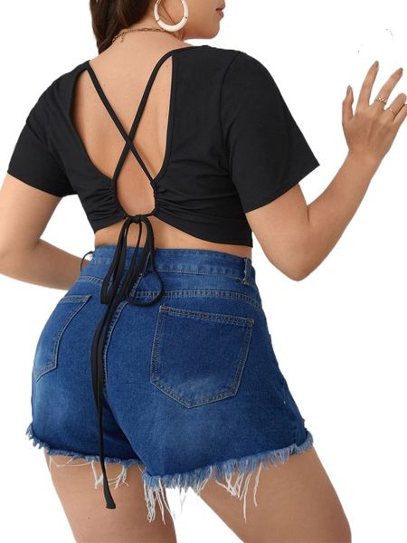 

plus criss-cross tie backless crop tee f8n3#, Black