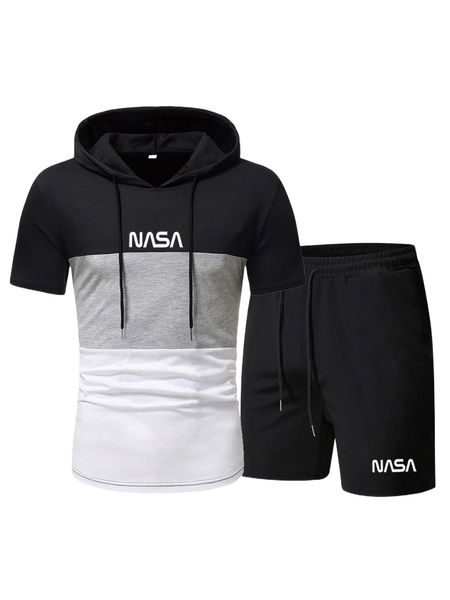 

romwe guys letter colorblock hooded & shorts d451#, Gray