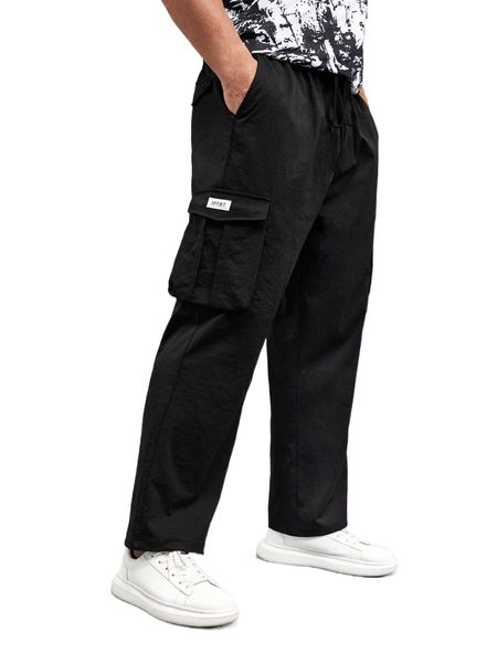 

extended sizes men letter patched flap pocket cargo pants 38i5#, Black