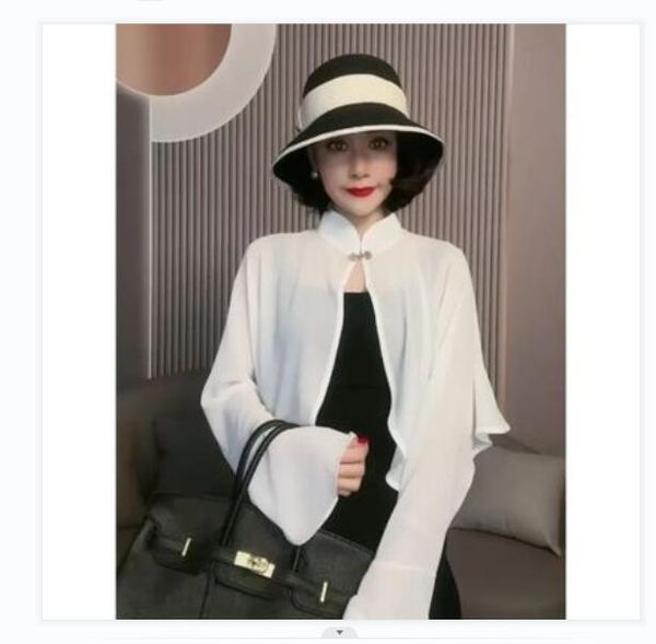 Nova moda feminina estilo cheongsam gola alta manga longa capa chiffon casaco cardigã protetor solar