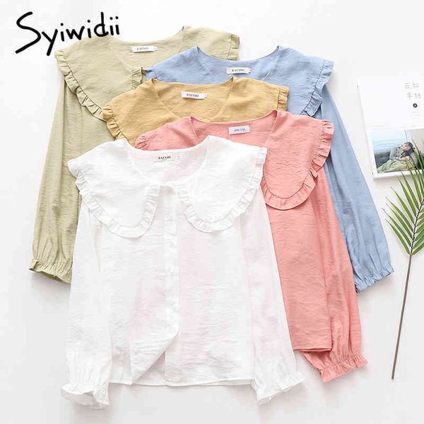 

big peter pan collar preppy style blouses women long sleeve white blouse for girl school womens cotton yellow shirt 210415