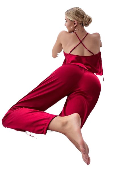 

crisscross backless satin cami & pants pj set i7uu#, Black;red