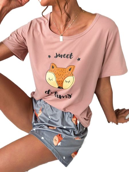 

cartoon fox & letter graphic pj set v7mc#, Black;red