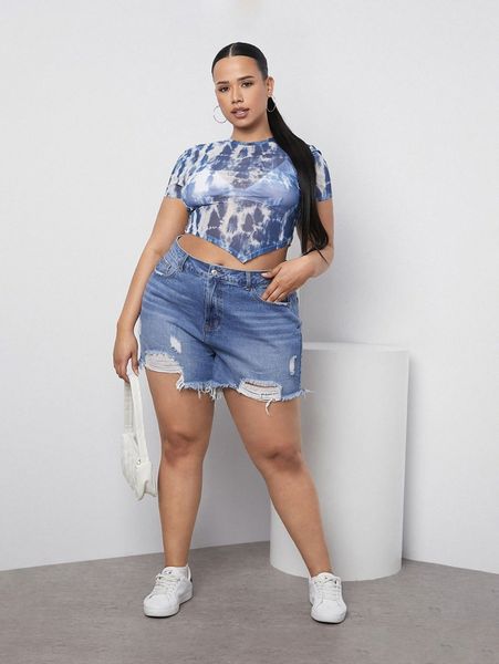 

plus tie dye irregular hem mesh crop without bra j0vw#, Black