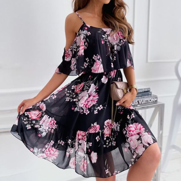 

casual dresses women off shoulder flower print dress 2022 boho spaghetti strap floral female elegant a line holiday party vestidos casual, Black;gray