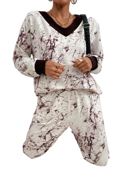 

marble print drop shoulder sweatshirt & sweatpants h6d8#, White