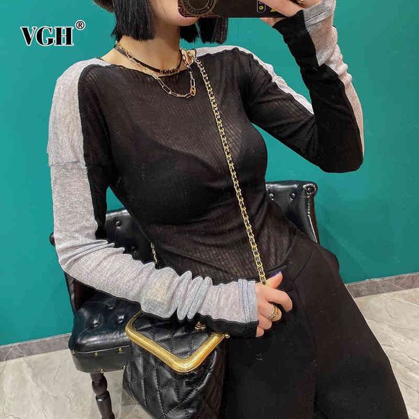 

casual hit color t shirt for women o neck long sleeve patchwork slim perspective shirts female spring ide 210507, White