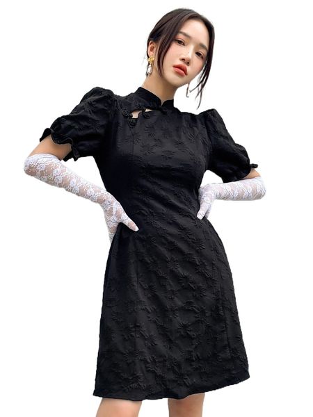 

dazy frog button puff sleeve dress without gloves x8j1#, Black;gray
