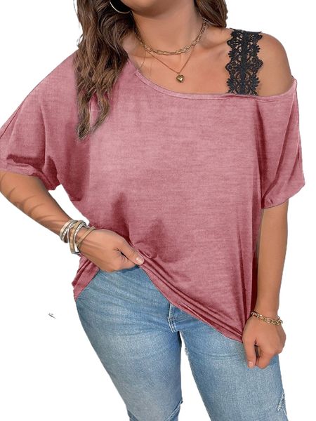 

plus guipure lace detail asymmetrical neck dolman sleeve tee q5du#, Black