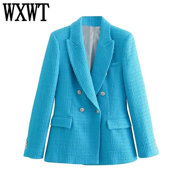

wxwt women fashion office wear blue textured blazer long sleeve double breasted jacket coat female spring cd8401 220513, White;black