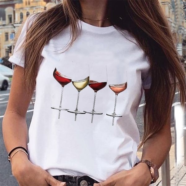 

women's t-shirt wine printing lady short sleeve casual cartoon tee fashion graphic oversized female t-shirt clothing 220407, White